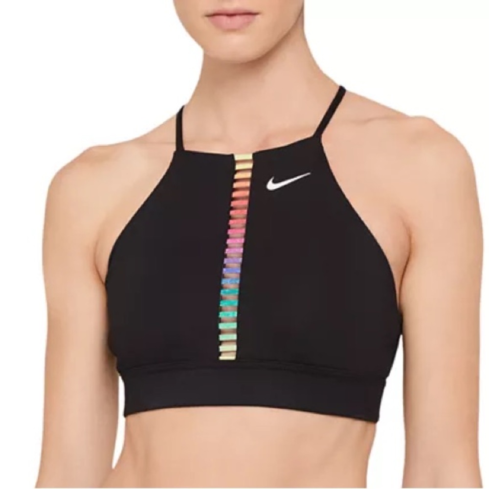 NIKE Rainbow Trim Sports Bra Strappy Back High Neck Size Small